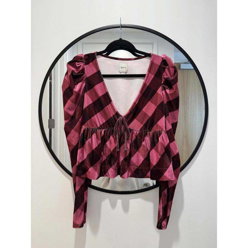 Maeve Plaid Velvet Babydoll Top in Pink Plaid Size Small